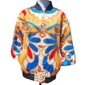 Roku Studio Mens Abstract Face Graphic Bomber Jacket Multicolor Satin Size M